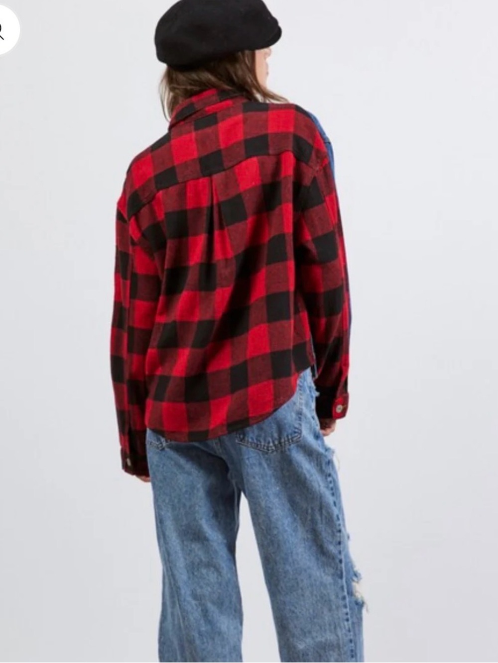 Classic Blue Denim Jacket with Red Plaid Sleeve Detail - Picture 2 of 4
